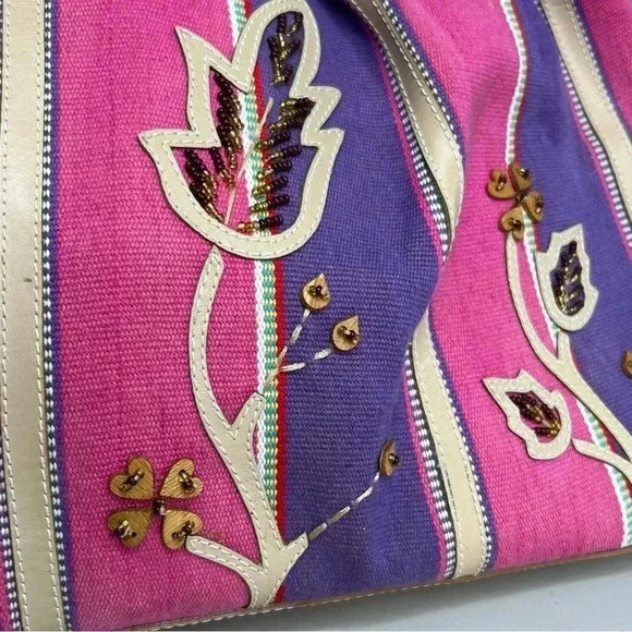 Sharif Marc & Marc Striped Beaded Floral Patch Large Leather/Canvas Tote Bag - Picture 9 of 15